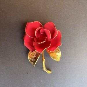 Vintage Cerrito Red Rose Brooch Gold Tone Flower Pin Signed Floral Jewelry 2"